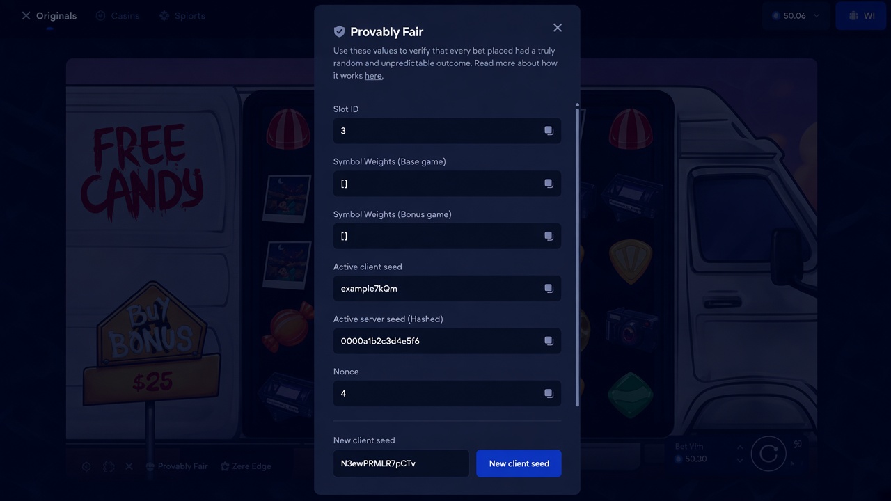 Provably fair panel with slot id, client seed, hashed server seed, and nonce